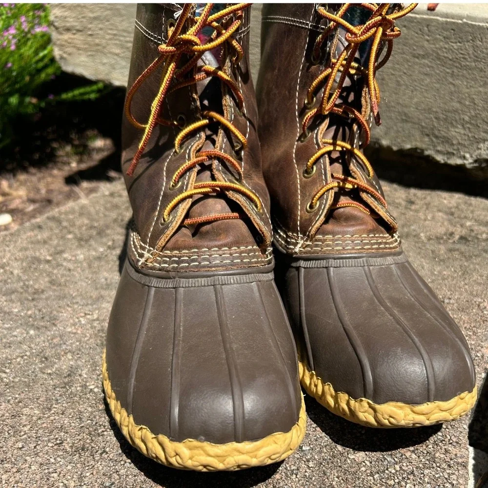 LL Bean Mens 8 Duck Boots Brown Leather Flannel Lined Gorpcore, New England Prep